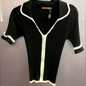 Belldini black white stretch crystal rhinestone zippered tight sweater vintage